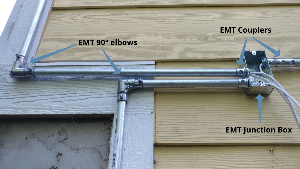 Electric Metal Tubing (EMT) with junction boxes and right angle turns